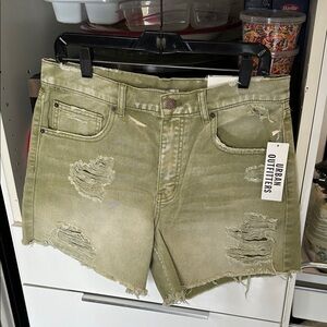 Urban Outfitters Olive Green Distressed Denim Cutoff Shorts stretch $59 retail